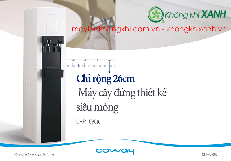 Máy lọc nước nóng lạnh Coway CHP-590R sở hữu công suất mạnh mẽ bên trong thiết kế siêu mỏng